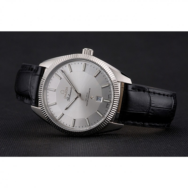 Cheap Omega Globemaster Silver Dial Stainless Steel Case Black Leather Strap-4