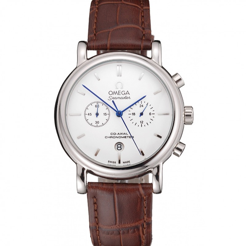 Omega Seamaster Vintage Chronograph White Dial Stainless Steel Case Brown Leather Strap-0