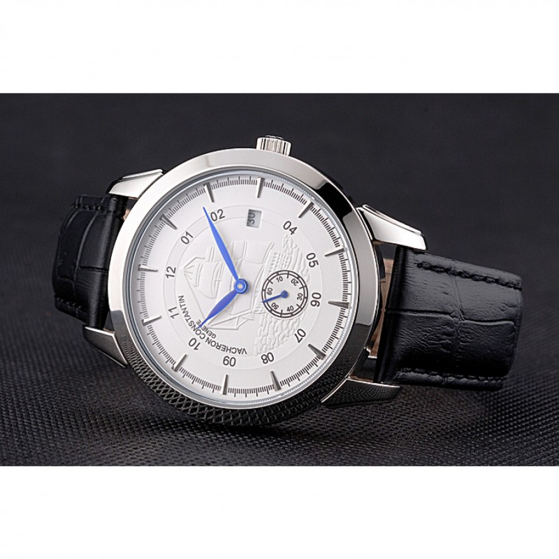 Vacheron Constantin Traditionnelle White Ship Dial Stainless Steel Case Black Leather Strap-3