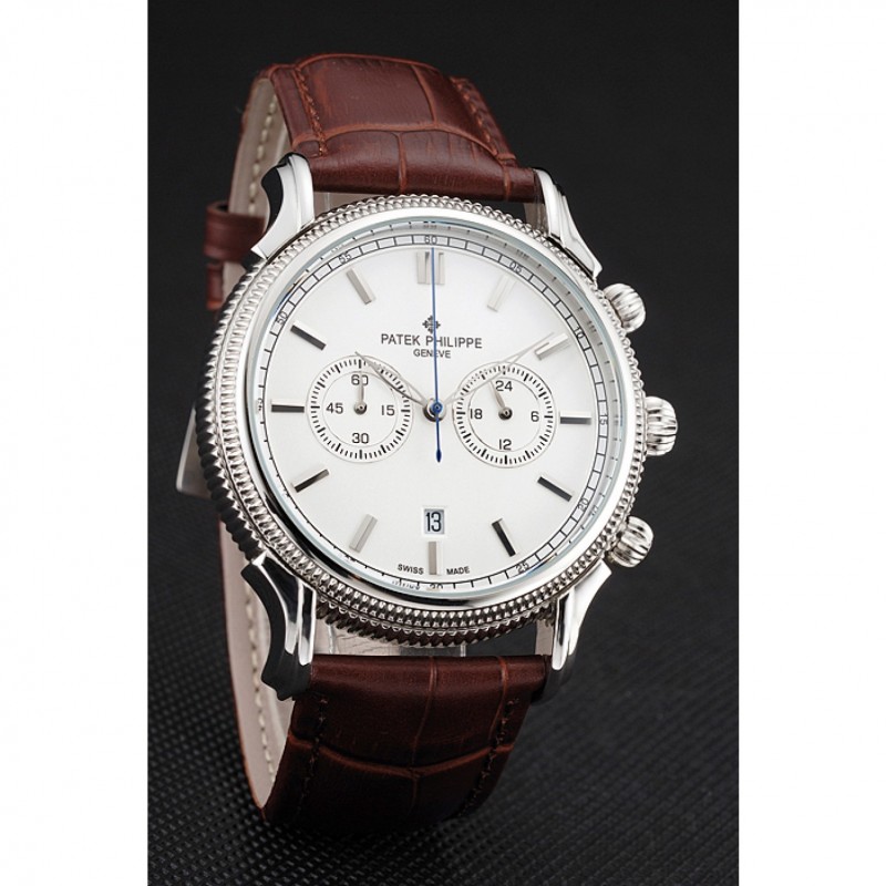 Patek Philippe Chronograph White Dial Stainless Steel Case Brown Leather Strap-2