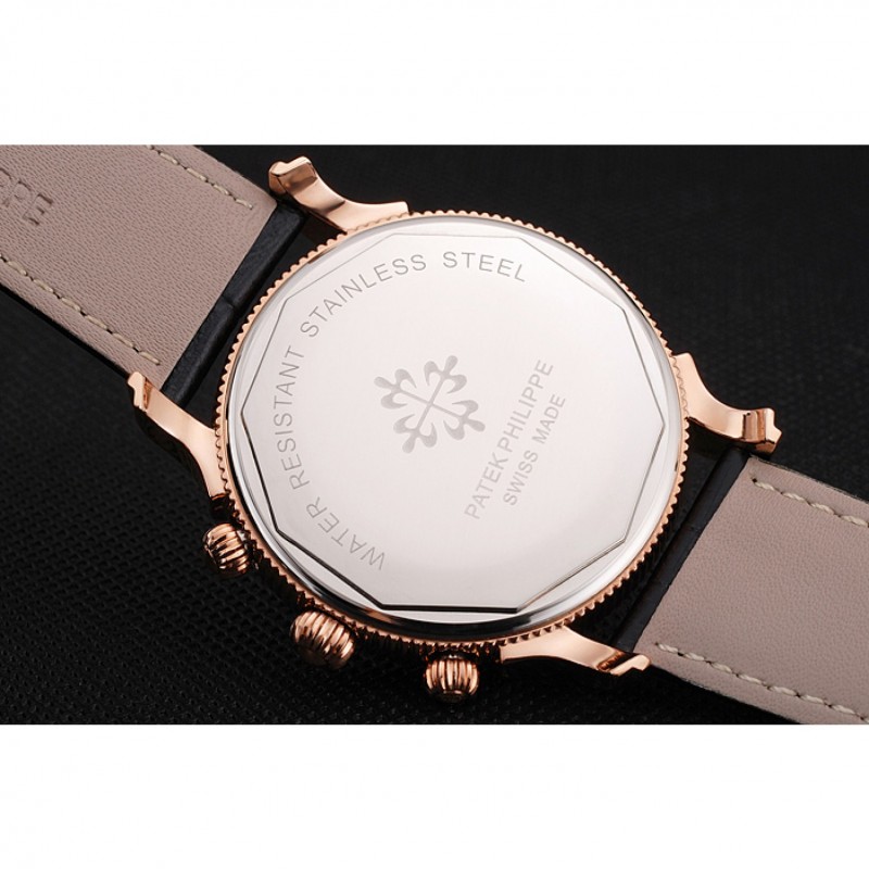 High End Replica Watches Patek Philippe Chronograph White Dial Blue Markings Rose Gold Case Black Leather Strap-7