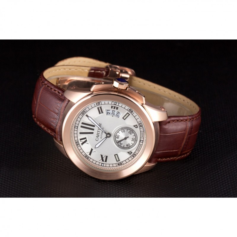 Best Cartier Calibre White Dial Gold Case Brown Leather Bracelet-4