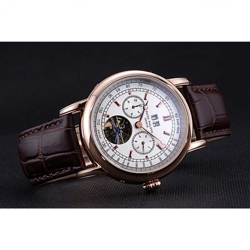 Patek Philippe Geneve Grand Complications White Dial Tourbillon Rose Gold Bezel Brown Band 622156-3