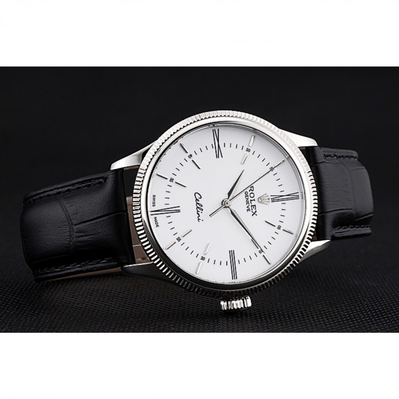 Swiss Rolex Cellini Time Silver Case White Dial Black Leather Bracelet 622653-3