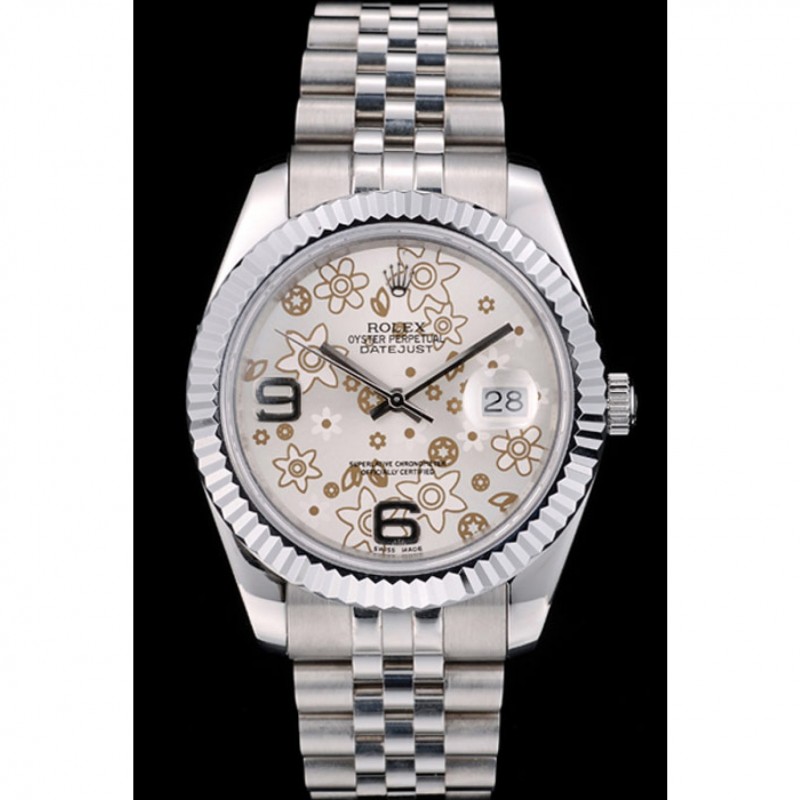 Rolex DateJust Stainless Steel Ribbed Bezel Flower Silver Dial 41983-1