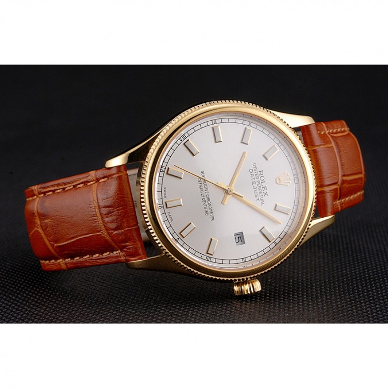 Swiss Rolex Datejust White Dial Gold Case Light Brown Leather Strap-4