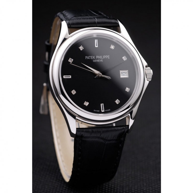Patek Philippe Geneve Calatrava Crystal Studded Hour Marker Black Dial Black Leather Strap 98170-2