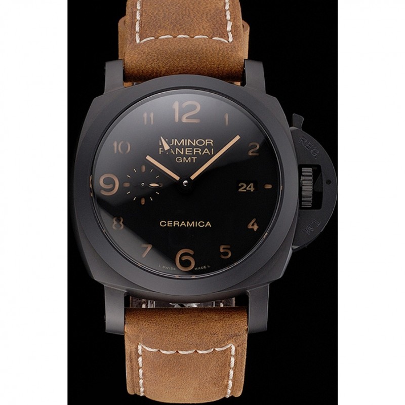Swiss Panerai Luminor GMT Ceraica Black Dial Black Case Brown Leather Strap-0