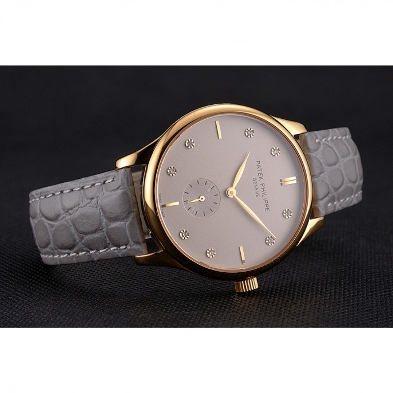 High Quality Patek Philippe Calatrava Gray Dial Diamond Markings Gold Case Gray Leather Strap-4