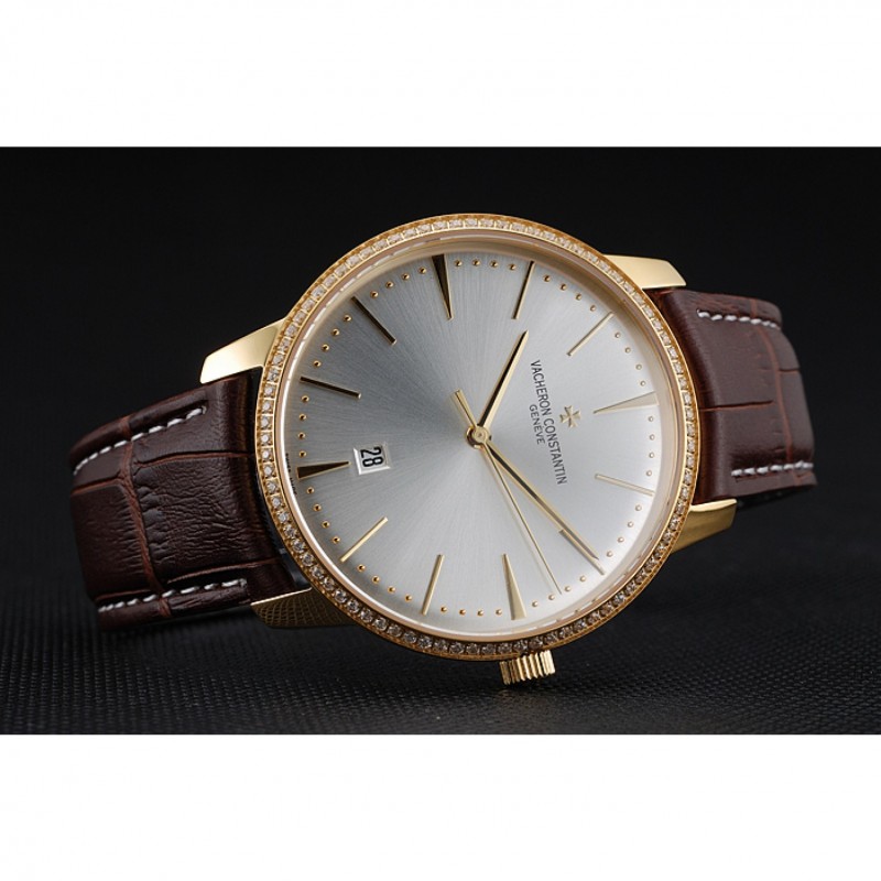Swiss Vacheron Constantin Patrimony White Dial Gold Diamond Case Brown Leather Bracelet 1454180-4