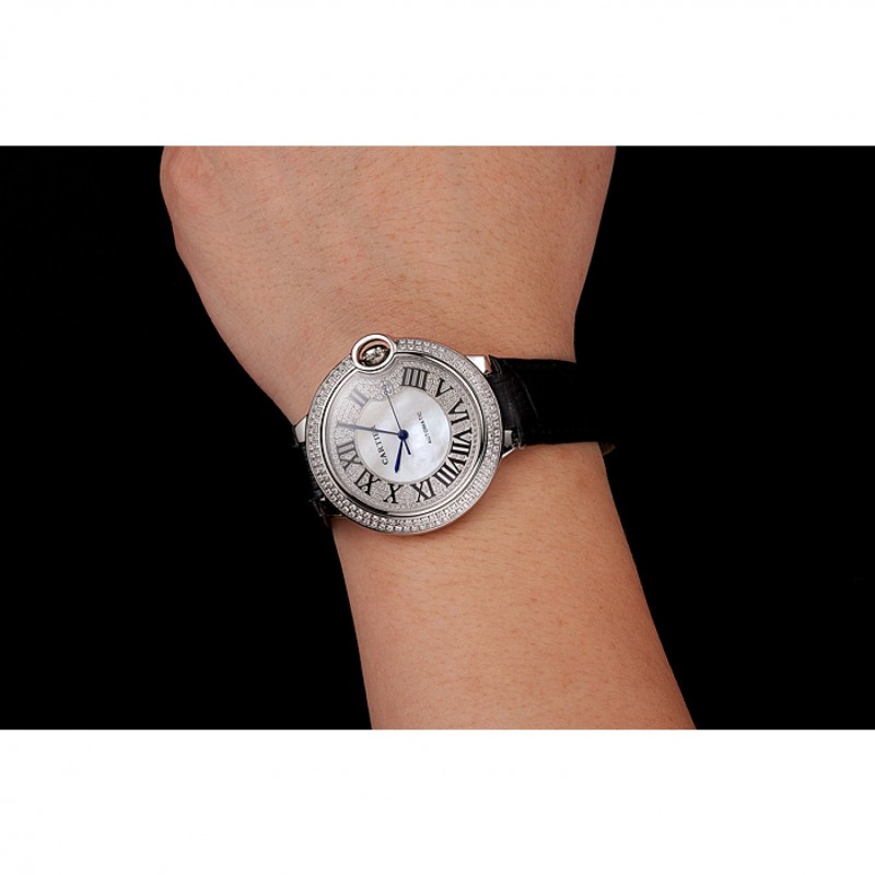 High Quality Replica Watches Swiss Cartier Ballon Bleu 46 MM Diamond Dial Diamond Case Black Leather Bracelet 1453894-8