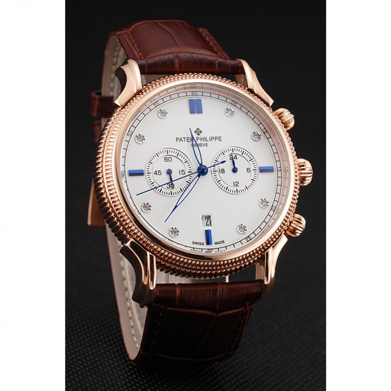 Best Patek Philippe Chronograph White Dial With Blue And Diamond Markings Rose Gold Case Brown Leather Strap-2