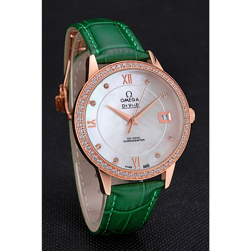 SS Replica Watches Omega DeVille Prestige Co-Axial Diamond Gold Case Mother-Of-Pearl Dial Green Leather Strap-2