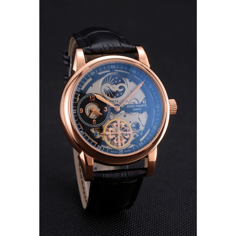 Patek Philippe Dual Time Moonphase Tourbillon Black Skeletonised Rose Gold Case Black Leather Strap-2