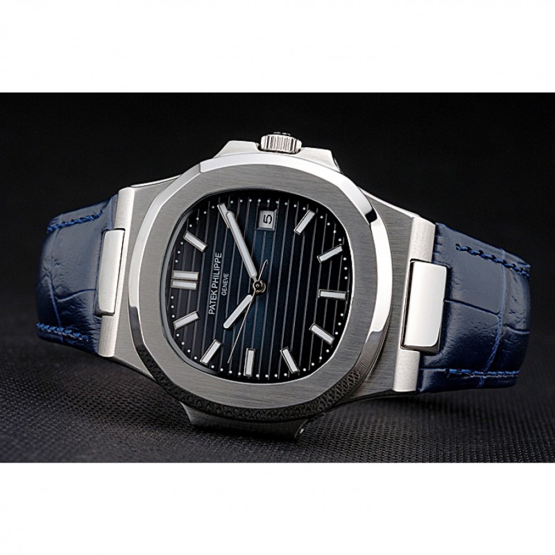 Patek Philippe Nautilus Blue Dial Brushed Stainless Steel Case Blue Leather Strap-3