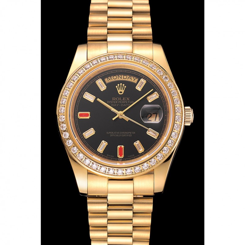 Swiss Rolex Day-Date Diamonds And Rubies Black Dial Gold Bracelet 1454101-1