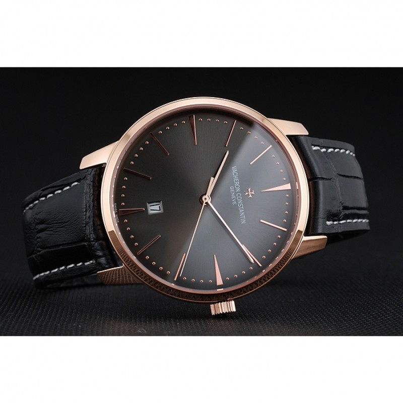 High End Replica Watches Swiss Vacheron Constantin Patrimony Grey Dial Rose Gold Case Black Leather Bracelet 1454167-4