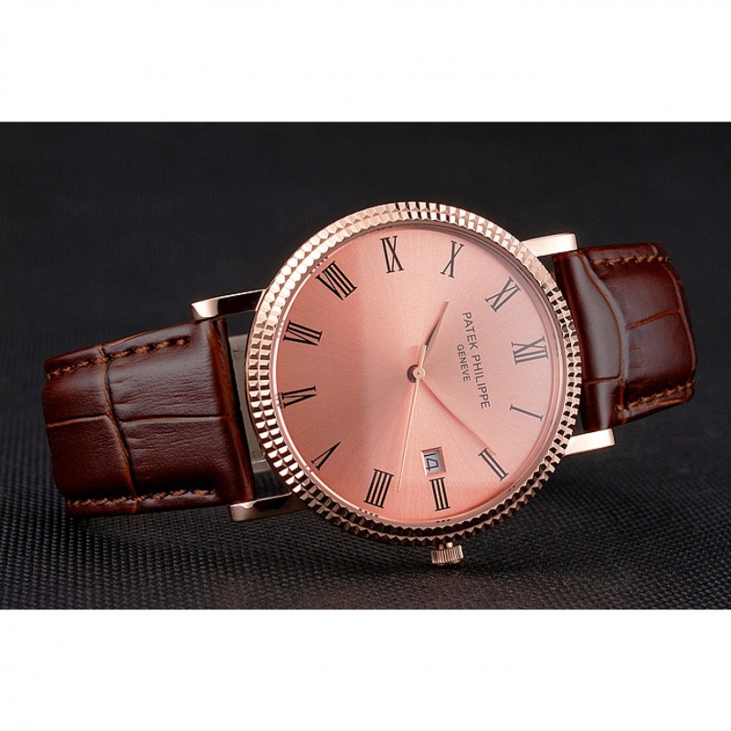 Patek Philippe Calatrava Rose Gold Dial Roman Numerals Ribbed Bezel Rose Gold Case Brown Leather Strap-4