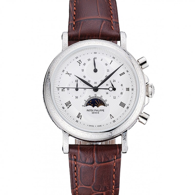 Patek Philippe Grand Complications White Dial Engraved Silver Case Brown Leather Bracelet 1454143-0
