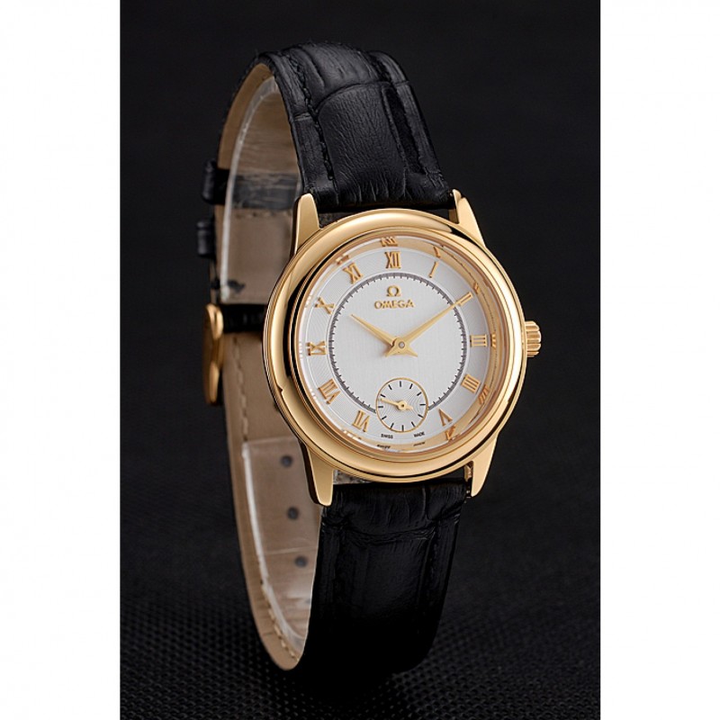 Omega De Ville Prestige Small Seconds White Dial Gold Case Black Leather Strap-2