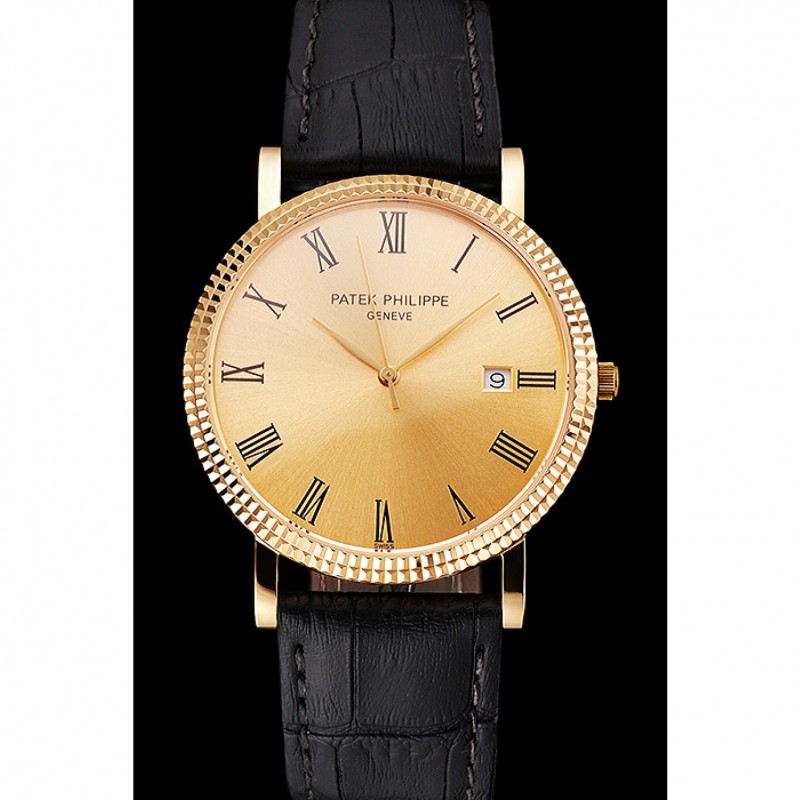 AAA Replica Watches Patek Philippe Calatrava Gold Dial Roman Numerals Ribbed Bezel Gold Case Black Leather Strap-1