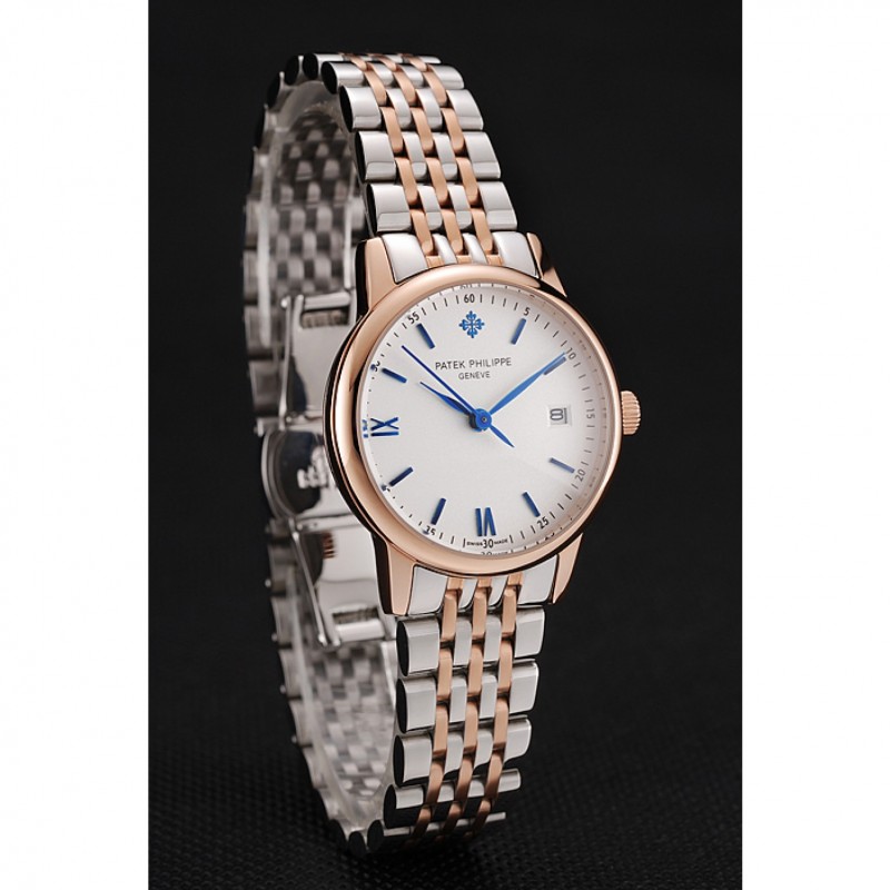 Patek Philippe Calatrava Ladies White Dial Blue Numerals Rose Gold Case Two Tone Bracelet 1453830-2