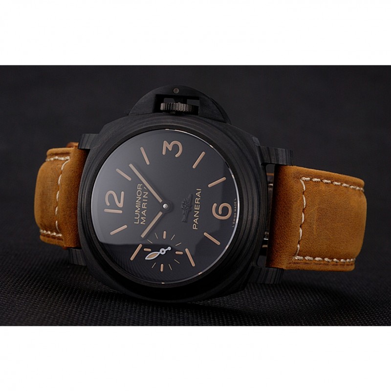 Swiss Panerai Luminor Marina Black Dial Black Case Brown Leather Strap-4