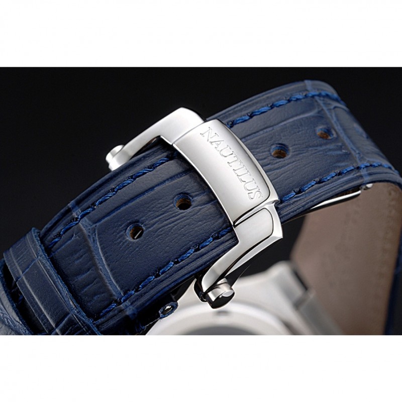 Patek Philippe Nautilus Blue Dial Brushed Stainless Steel Case Blue Leather Strap-5