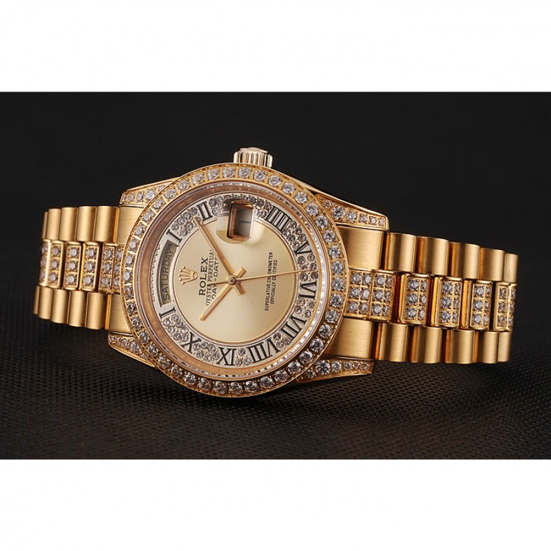 Swiss Rolex Day-Date Diamond Pave Gold Dial Gold Diamond Bracelet 1453954-2