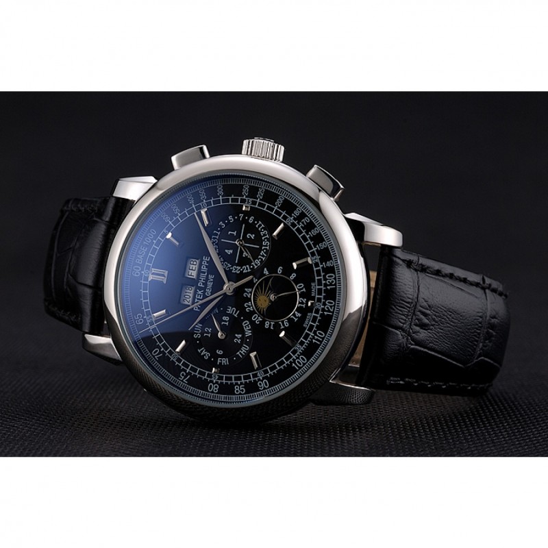 Best Patek Philippe Grand Complications Black Dial Black Leather Bracelet-4