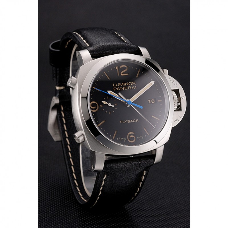 Luxury Replica Watches Swiss Panerai Luminor Flyback Chronograph Black Dial Stainless Steel Case Black Leather Strap-2