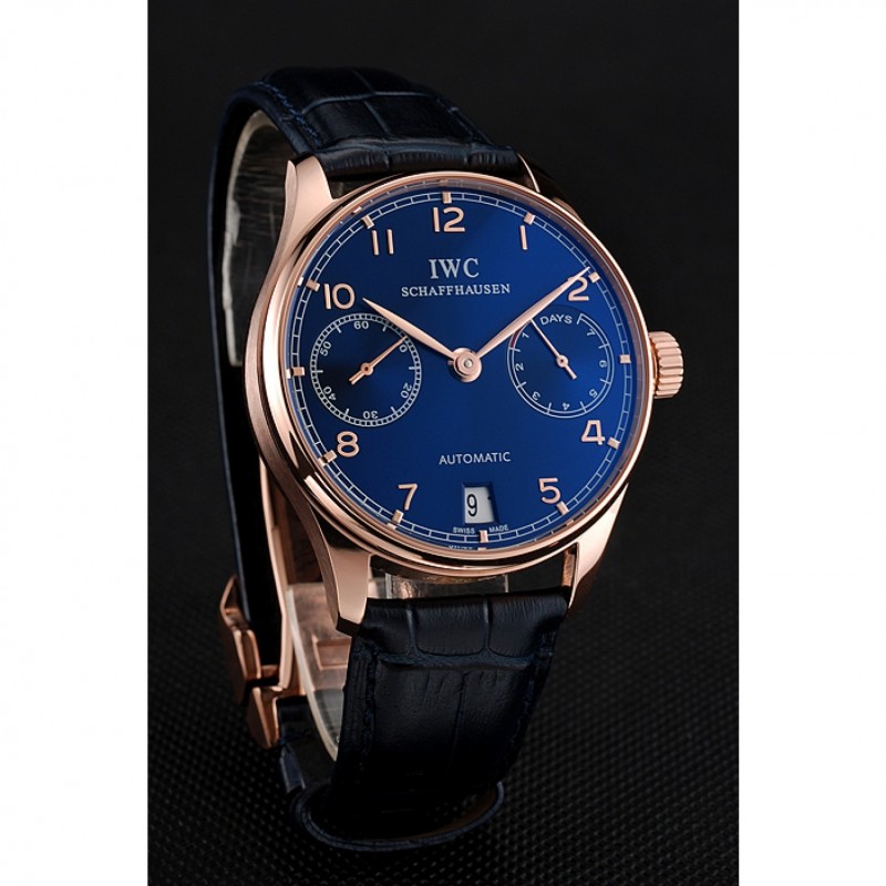 Swiss IWC Portuguese Blue Dial Gold Case Blue Leather Bracelet 1453919-1