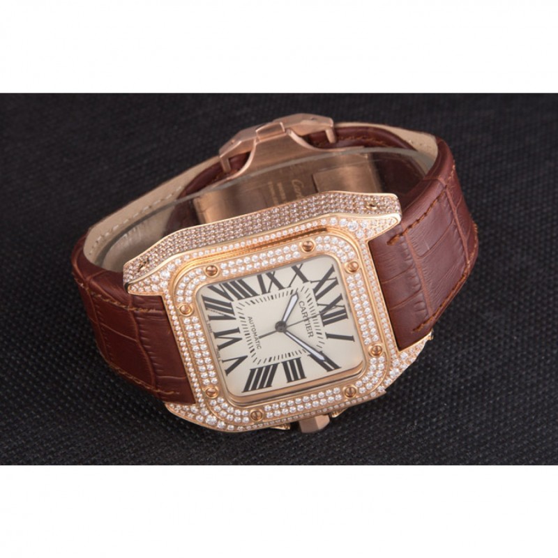 Swiss Cartier Santos Rose Gold Bezel with Diamonds and Brown Leather Strap sct46 621530-3