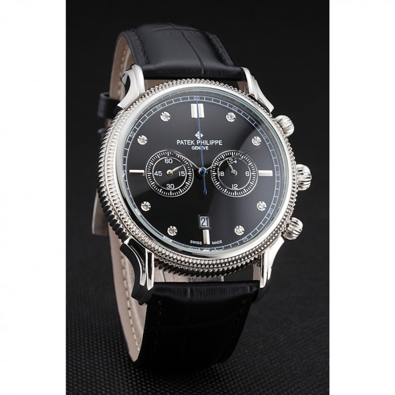 Patek Philippe Chronograph Black Dial With Diamonds Stainless Steel Case Black Leather Strap-2