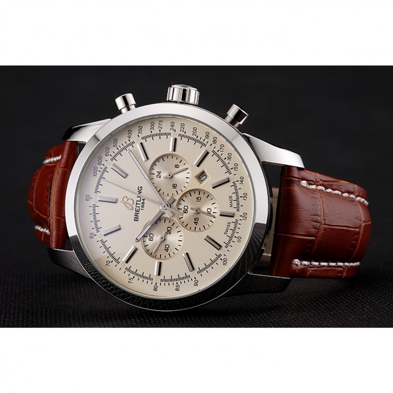 Breitling Transocean Beige Dial Brown Leather Strap Polished Stainless Steel Bezel-3