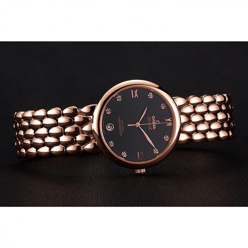 High Quality Omega De Ville Prestige Black Dial With Diamonds Rose Gold Case And Bracelet-4