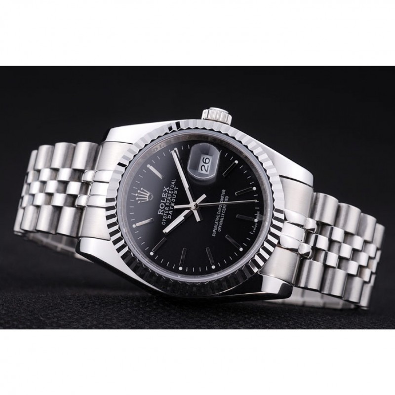 SS Replica Watches Rolex Datejust Black Dial Diamonds Ribbed Bezel 7456-4