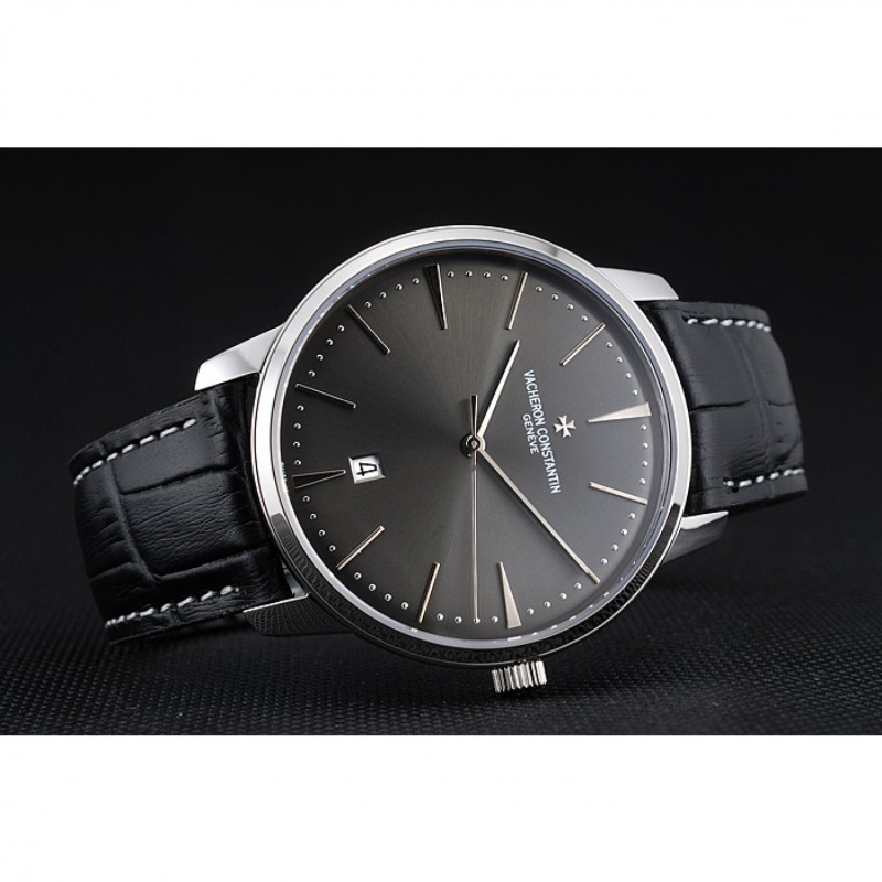 Swiss Vacheron Constantin Patrimony Grey Dial Silver Case Black Leather Bracelet 1454160-4