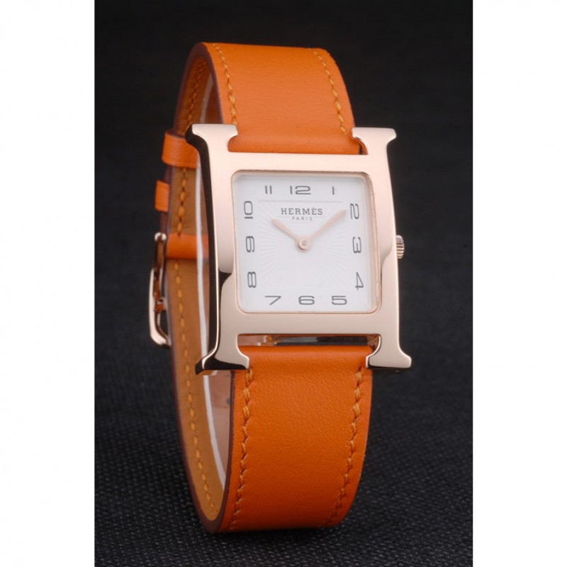 Cheap Hermes Heure H Rose Gold Bezel Orange Leather Strap White Dial 80234-2