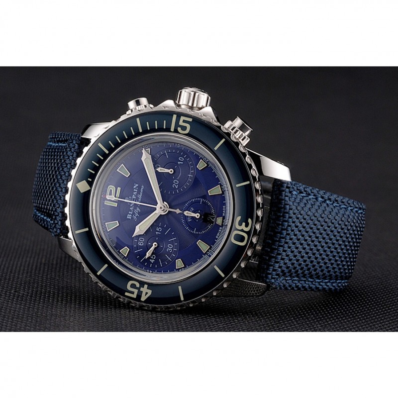 Swiss Blancpain Fifty Fathoms Flyback Chronograph Blue Dial Blue Bezel Stainless Steel Case Blue Canvas Strap-3