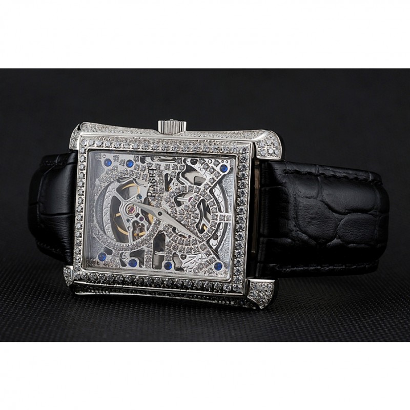 Swiss Piaget Emperador Tourbillon Skeleton Silver Diamond Case Black Leather Bracelet 1453943-3
