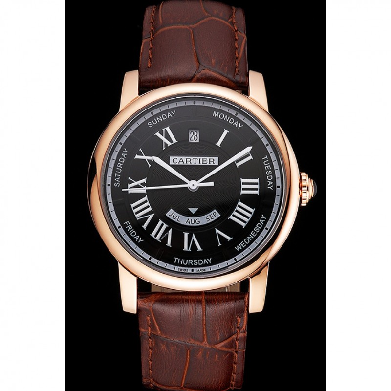 Swiss Cartier Rotonde Annual Calendar Black Dial Rose Gold Case Brown Leather Strap-1