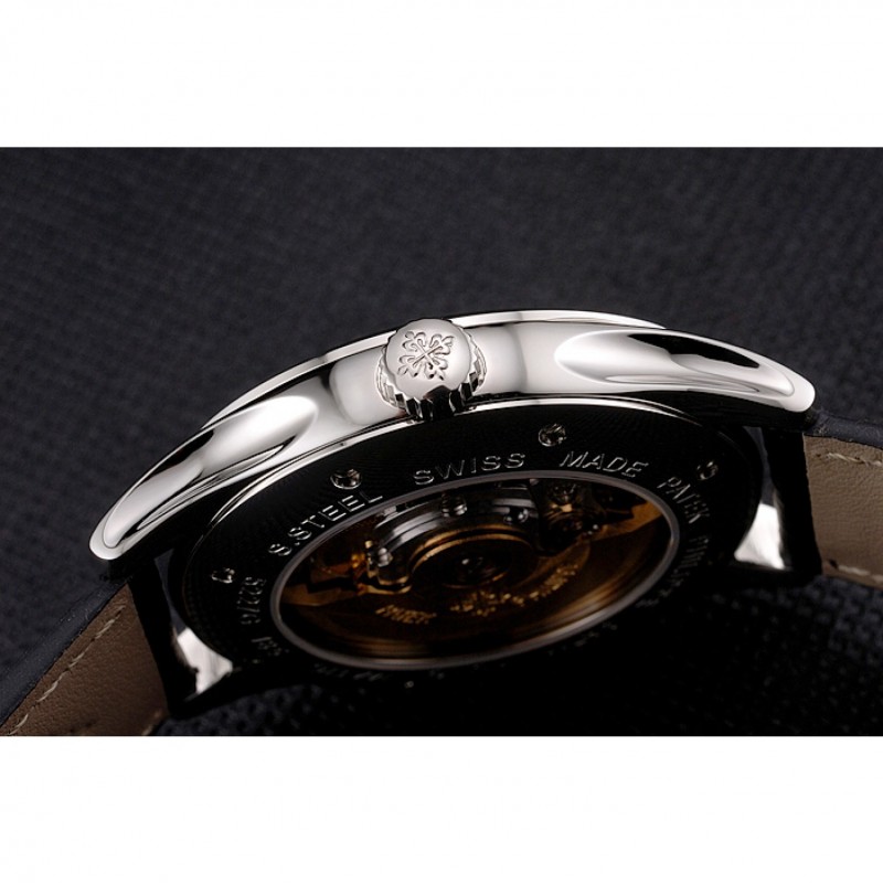 Swiss Patek Philippe Calatrava Black Dial Stainless Steel Case Black Leather Strap-7