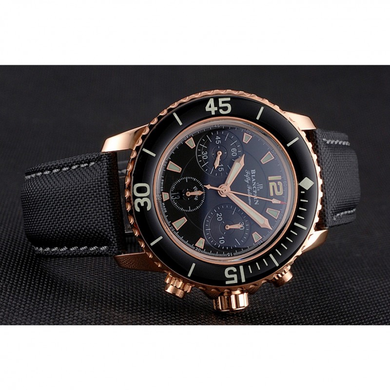 Swiss Blancpain Fifty Fathoms Flyback Chronograph Black Dial Black Bezel Rose Gold Case Black Canvas Strap-3