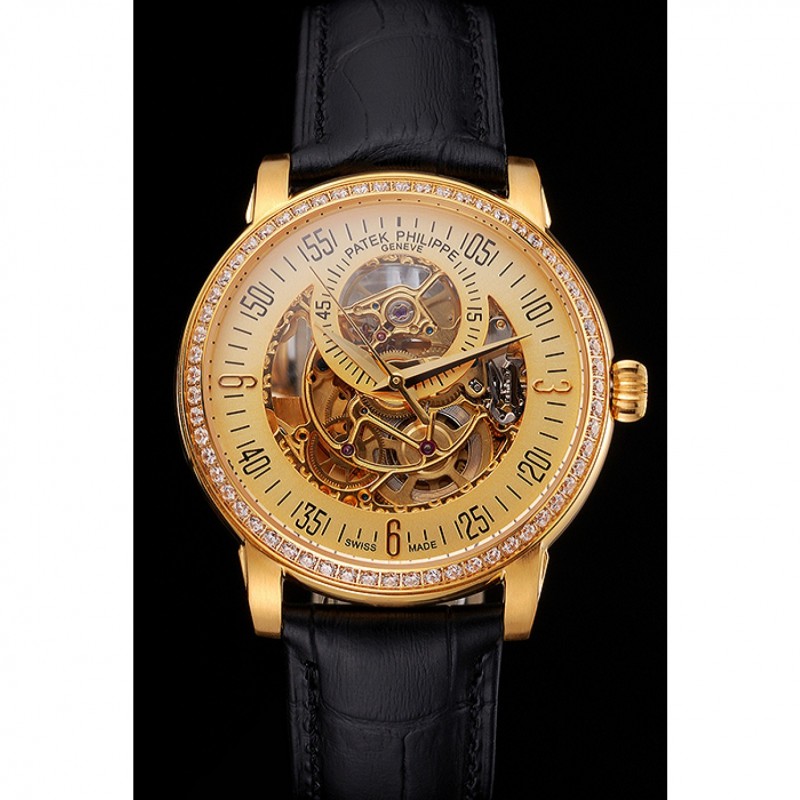 SS Swiss Patek Philippe Complications Openworked Dial Gold Case Diamond Bezel Black Leather Strap-1
