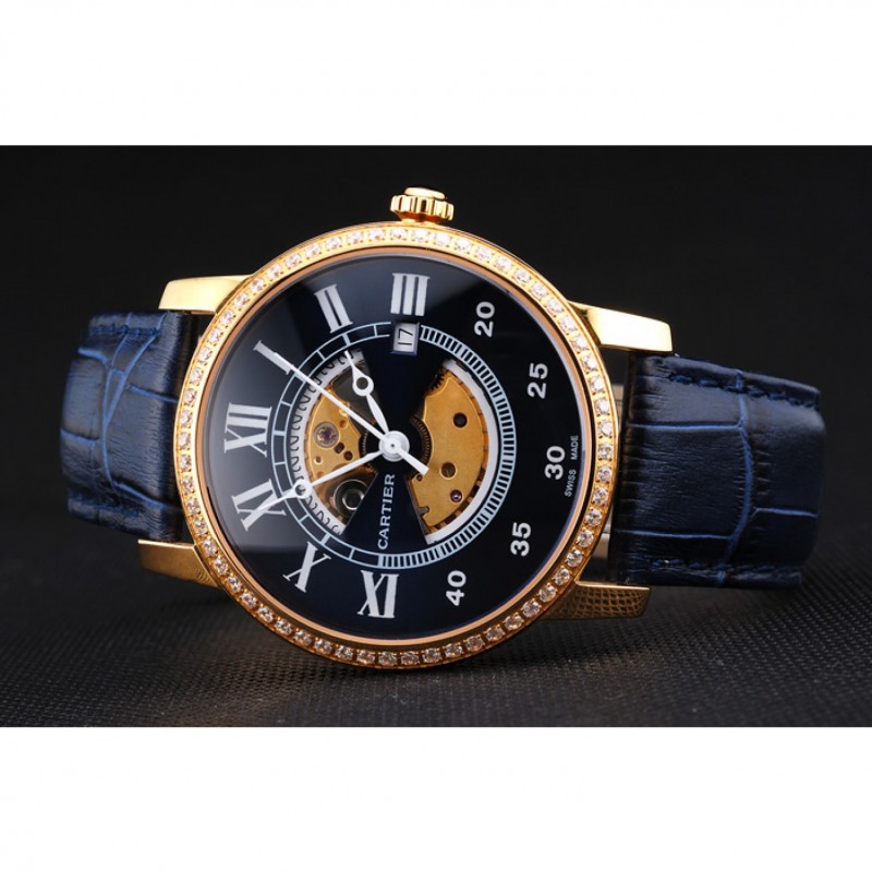 Swiss Cartier Rotonde Small Complication Blue Dial Gold Diamond Case Blue Leather Strap-3