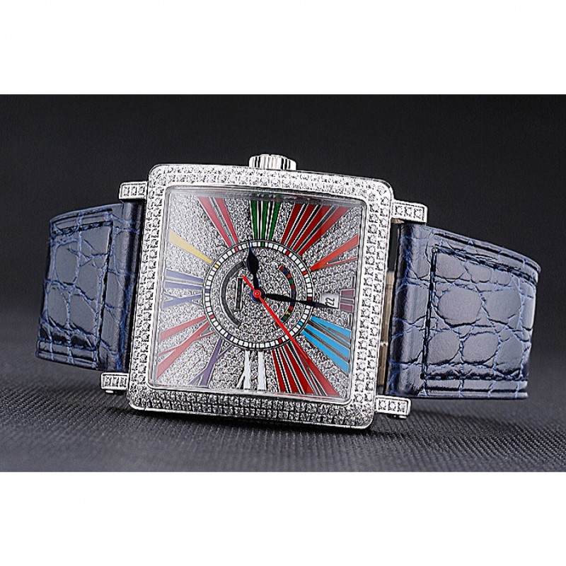High Quality Replica Watches Franck Muller Master Square Color Dreams Diamonds Dial Diamonds Case Blue Leather Strap 622359-3
