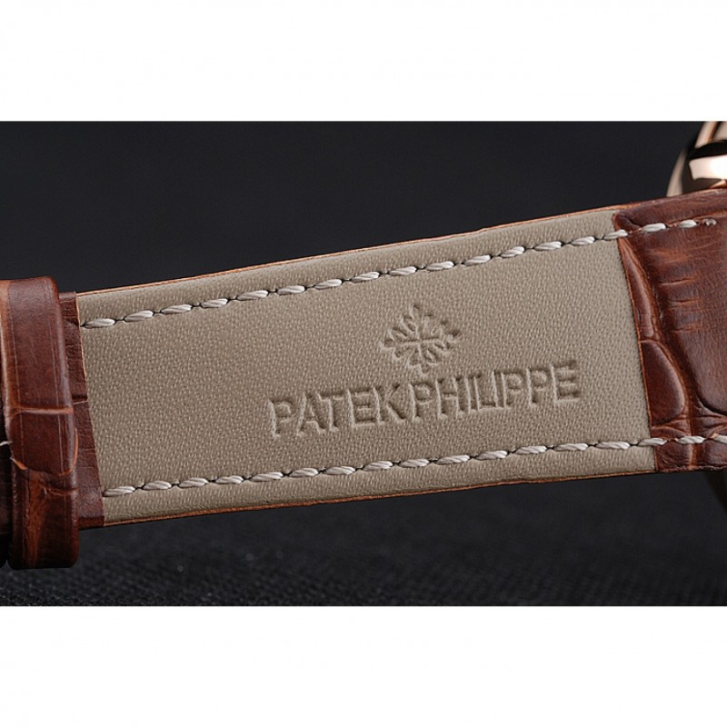High Quality Patek Philippe Dual Time Moonphase Tourbillon Gold Skeletonised Dial Rose Gold Case Brown Leather Strap-6