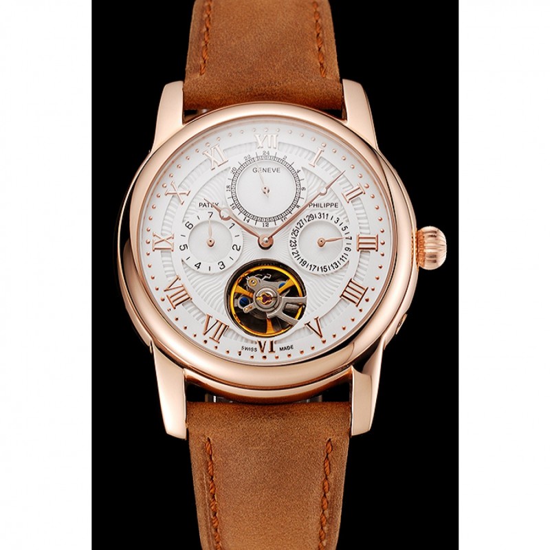 Patek Philippe Grand Complications Day Date Tourbillon White Dial Rose Gold Case Brown Suede Leather Strap 1453813-1