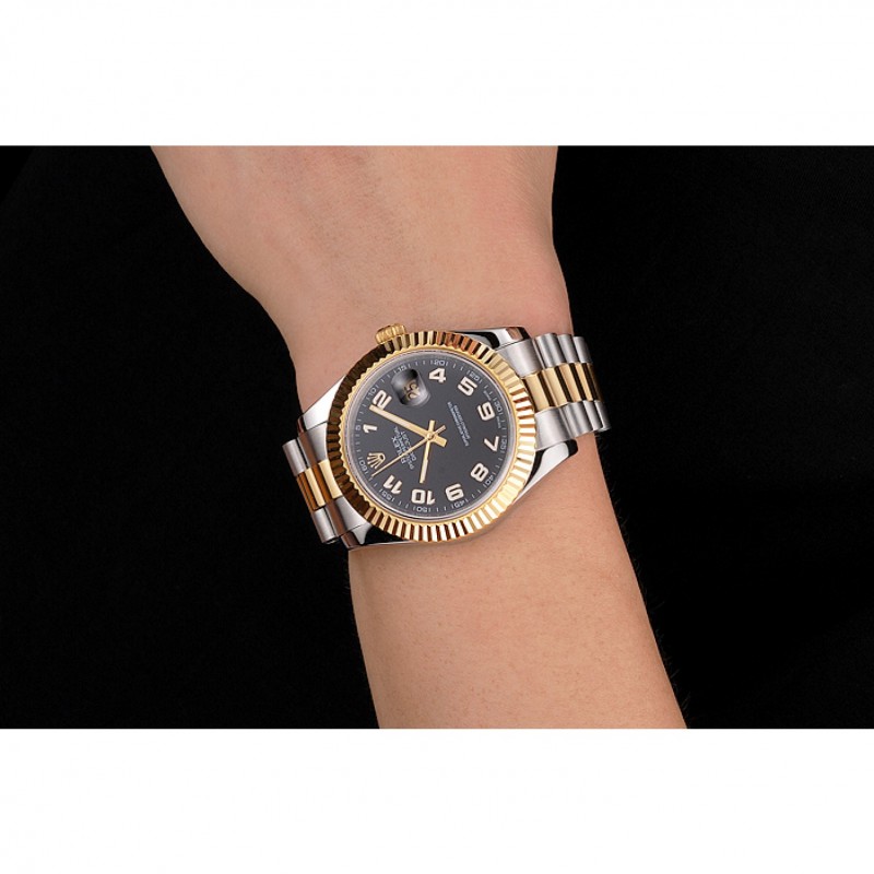 Swiss Rolex Datejust Black Dial Gold Bezel Stainless Steel Case Two Tone Bracelet-8